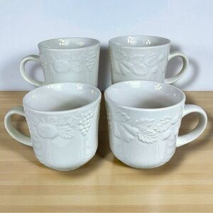 Gibson Vintage Embossed Fruit Stoneware Mug Cup Set Farmhouse White 4 PC 1994